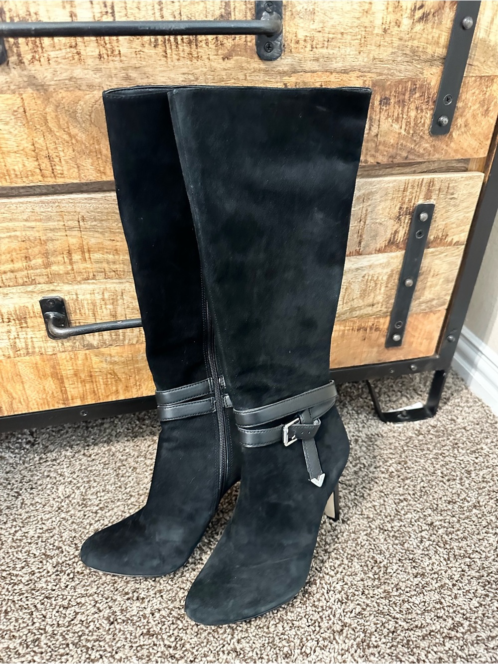 ANTONIO MELANI Black Suede Knee-High Buckle Boots